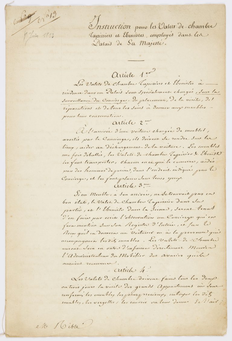 Instruction pour les valets de chambre, tapissiers et ébénistes, juin 1812