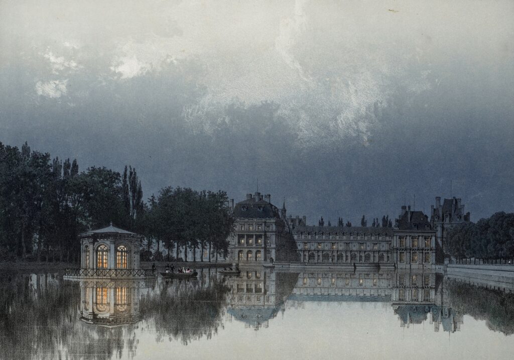 Exposition château de Fontainebleau 2023 : Fontainebleau, portraits d'un château L'Etang et la Cour de la Fontaine de nuit, 1861 © RMN-Grand Palais - Adrien Didierjean