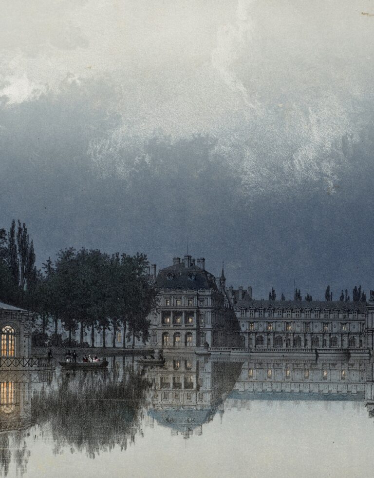 Exposition château de Fontainebleau 2023 : Fontainebleau, portraits d'un château L'Etang et la Cour de la Fontaine de nuit, 1861 © RMN-Grand Palais - Adrien Didierjean